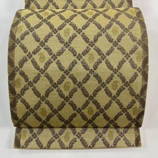 【美品】 袋帶 名品級 斜格子 幾何學 金絲 金金箔 淺茶 六通 純蠶絲