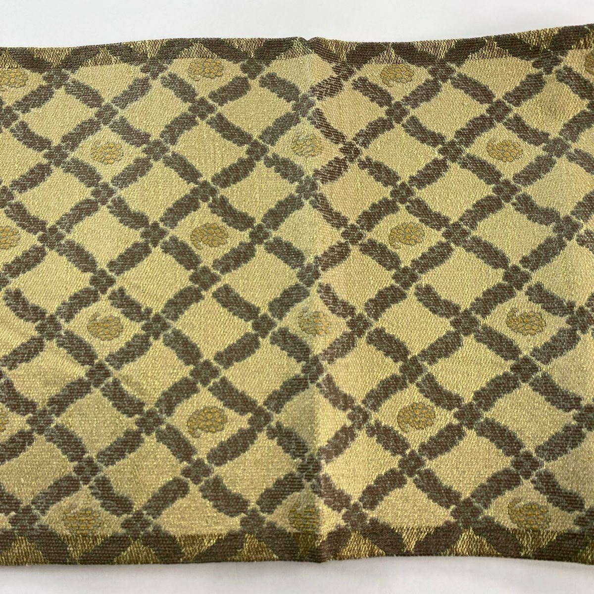 【美品】 袋帶 名品級 斜格子 幾何學 金絲 金金箔 淺茶 六通 純蠶絲