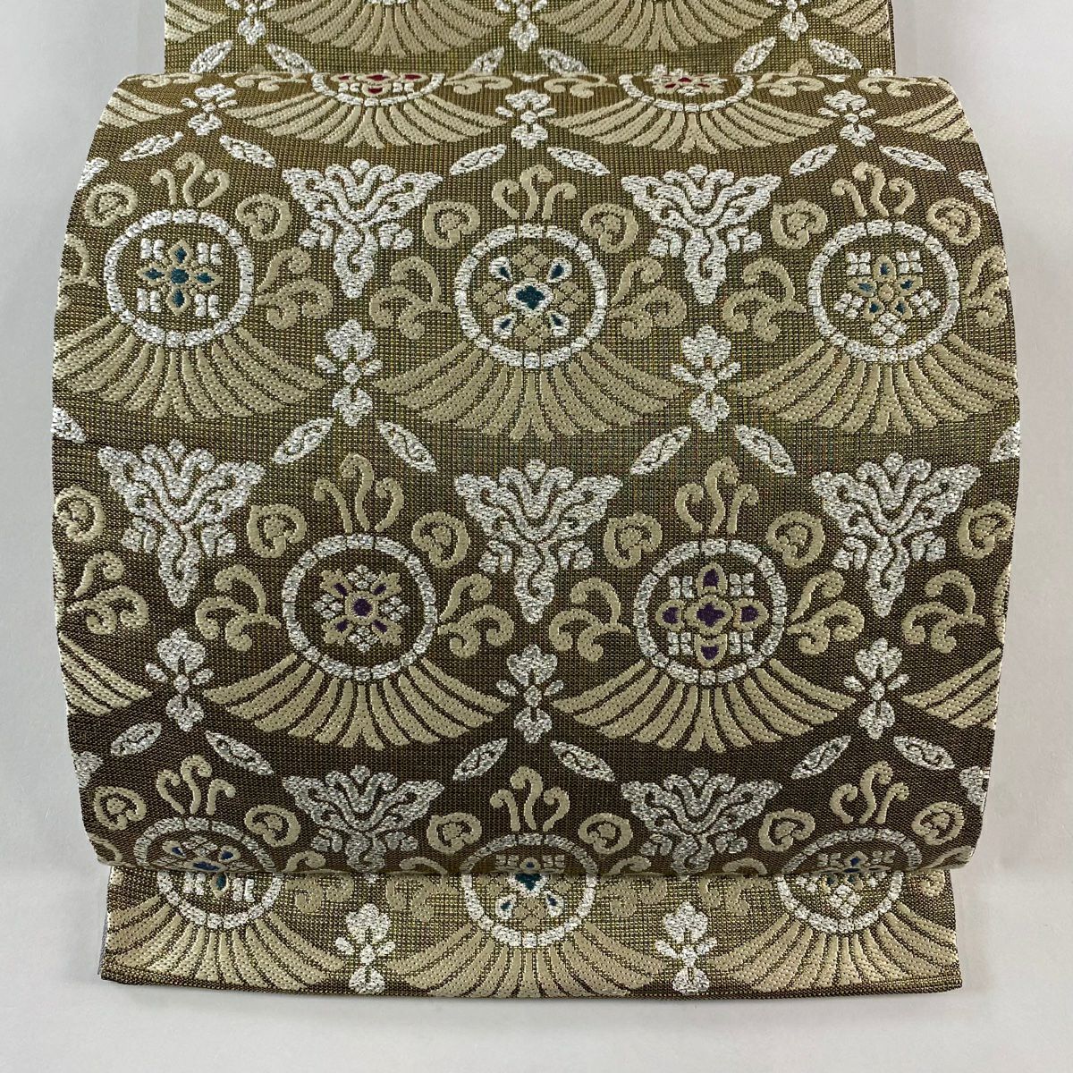 【美品】 袋帶 名品級 華紋 幾何學 金絲 金金箔 金色 六通 純蠶絲