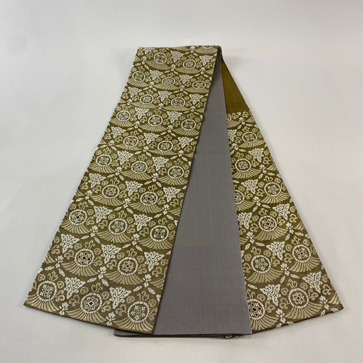 【美品】 袋帶 名品級 華紋 幾何學 金絲 金金箔 金色 六通 純蠶絲