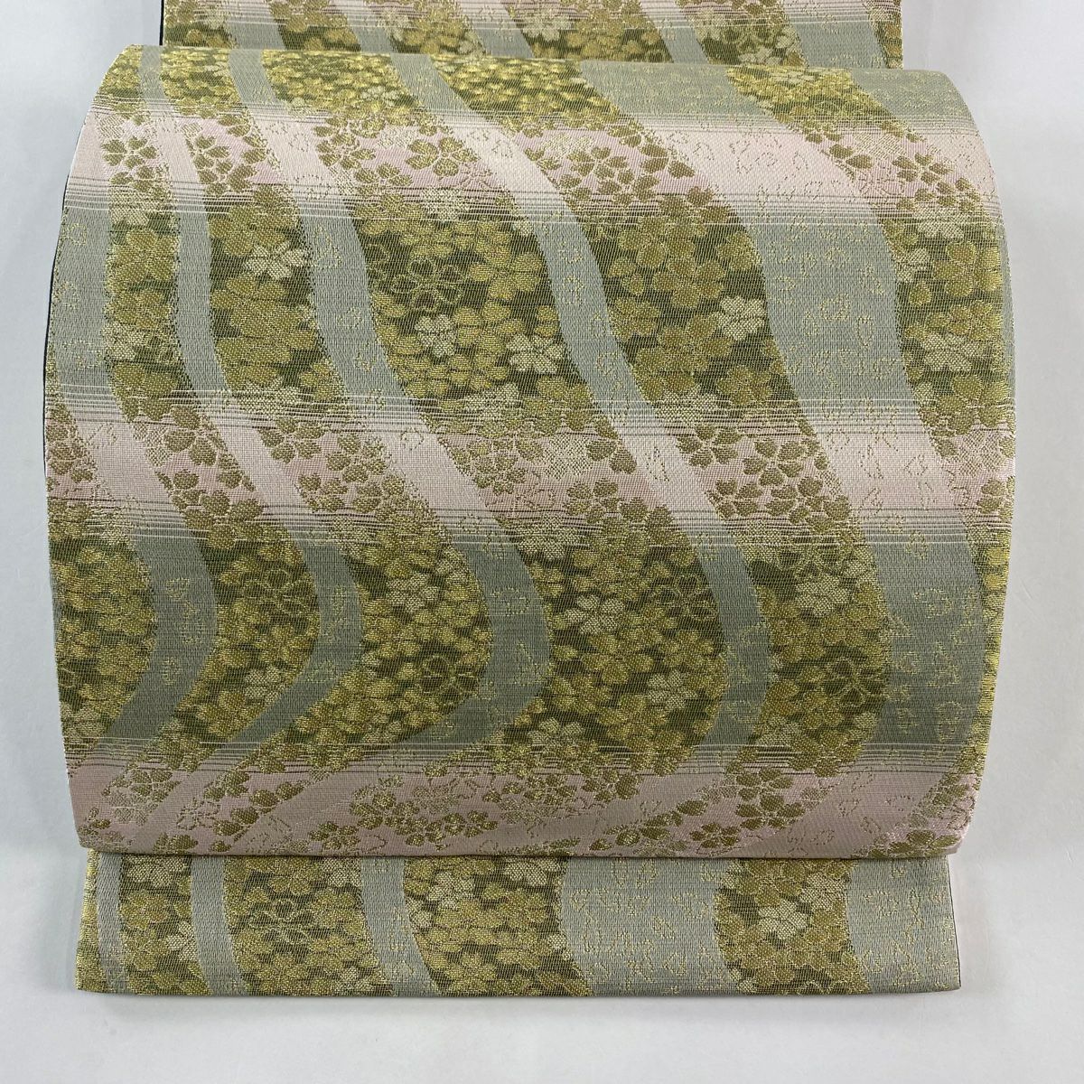 【美品】 袋帶 名品級 樱花 段紋 金絲 灰樱 六通 純蠶絲