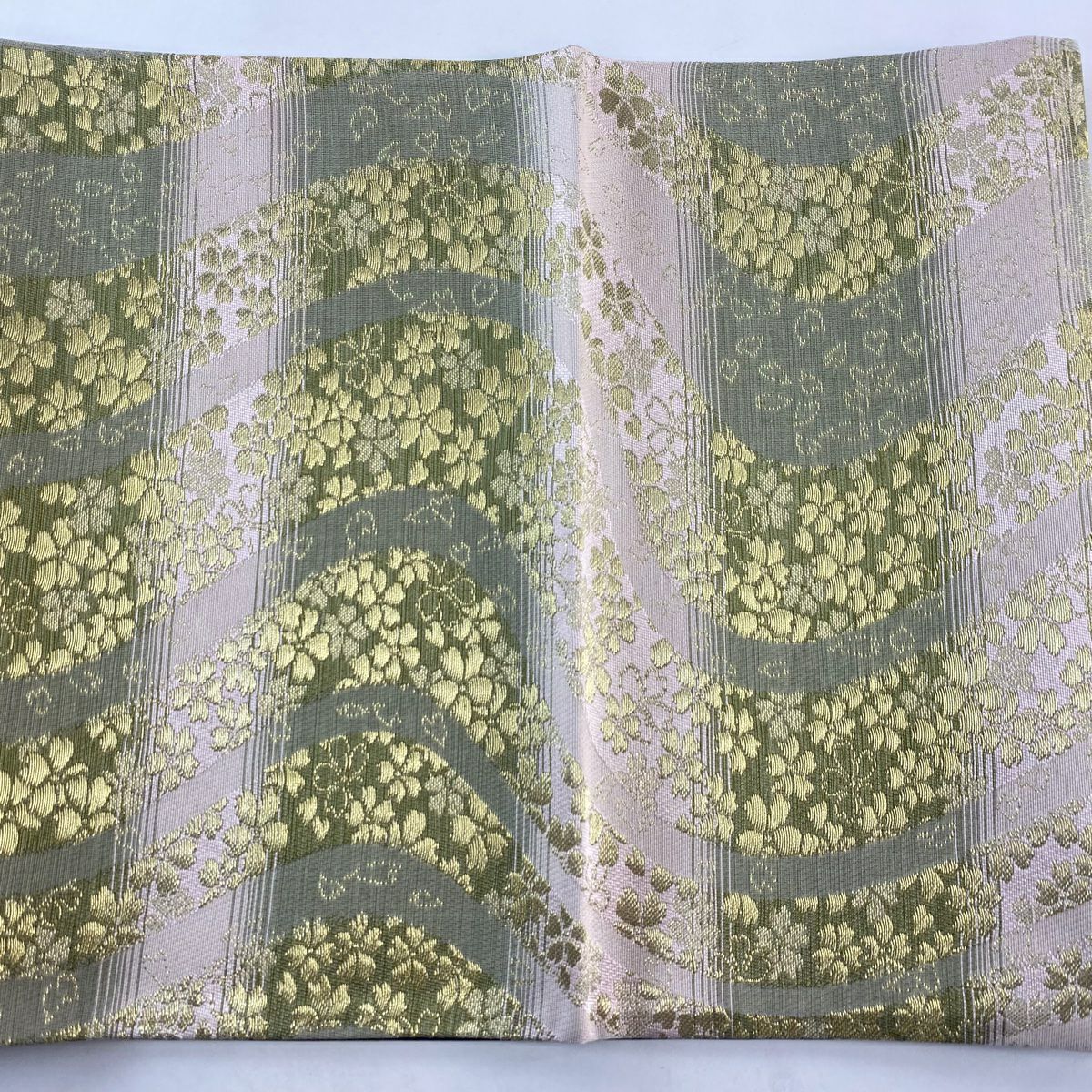 【美品】 袋帶 名品級 樱花 段紋 金絲 灰樱 六通 純蠶絲