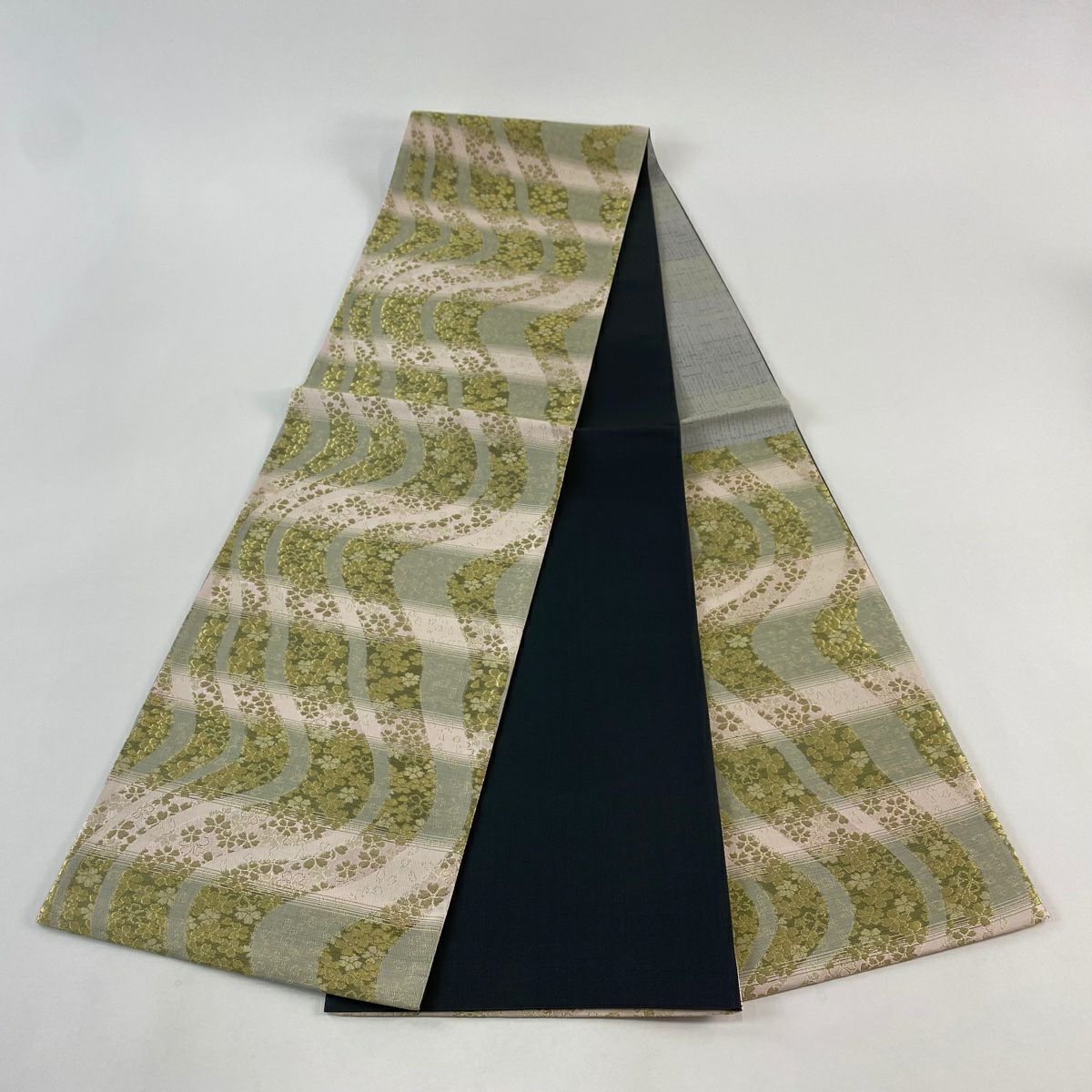【美品】 袋帶 名品級 樱花 段紋 金絲 灰樱 六通 純蠶絲