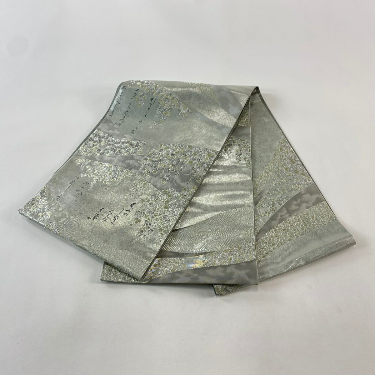 【庫存清倉】 袋帶 名品級 松樹尾光琳 落款 文字紋 藤 金銀線 金金箔 銀色 大鼓圖案 純蠶絲