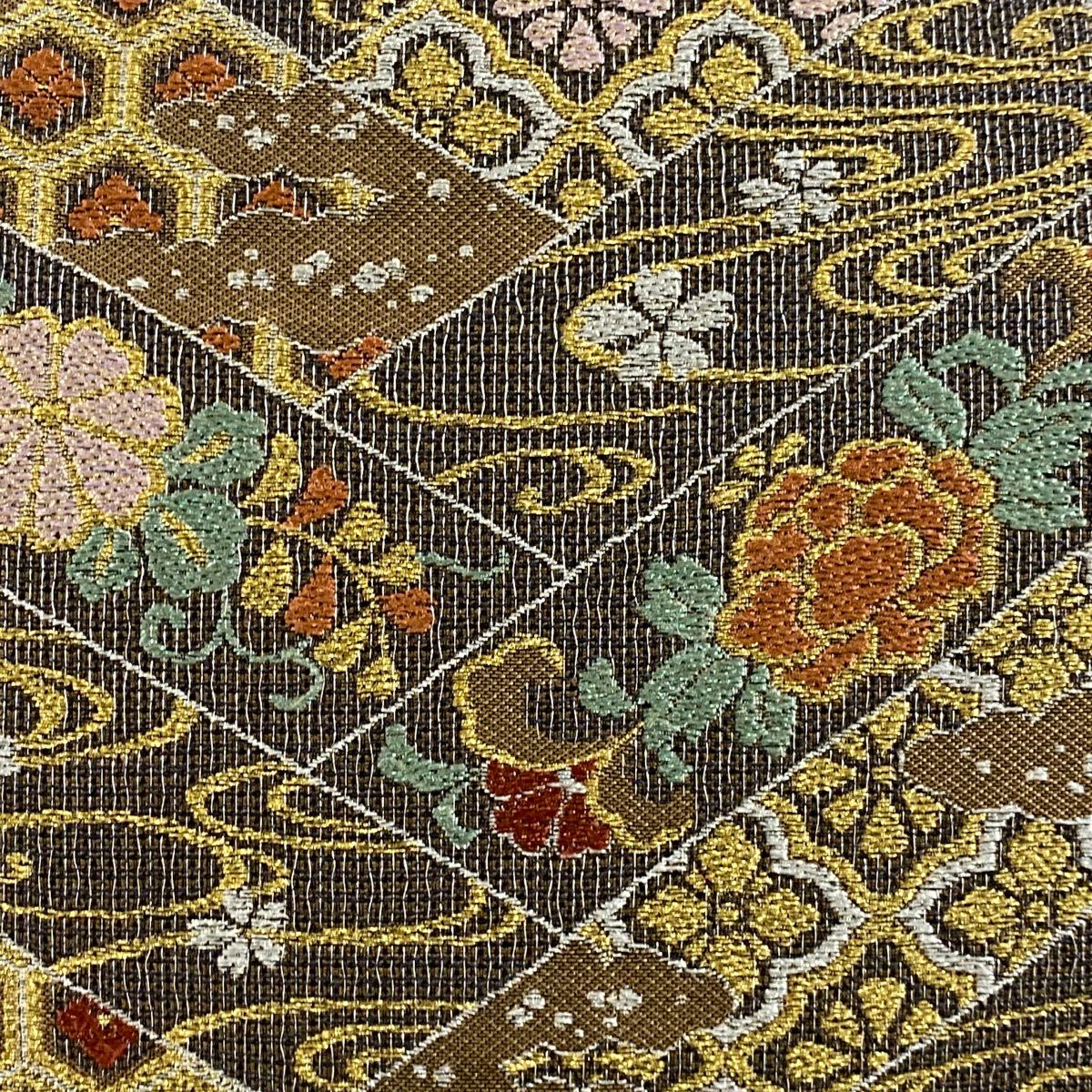【美品】 袋帶 名品級 桧垣 花唐草紋 金銀彩 焦茶 六通 純蠶絲