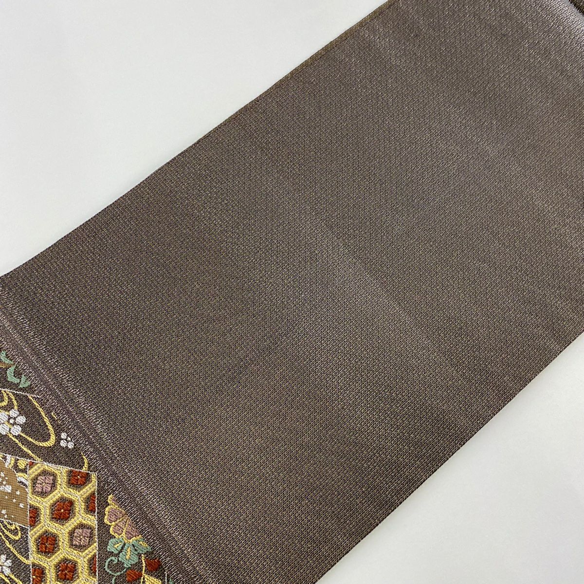 【美品】 袋帶 名品級 桧垣 花唐草紋 金銀彩 焦茶 六通 純蠶絲