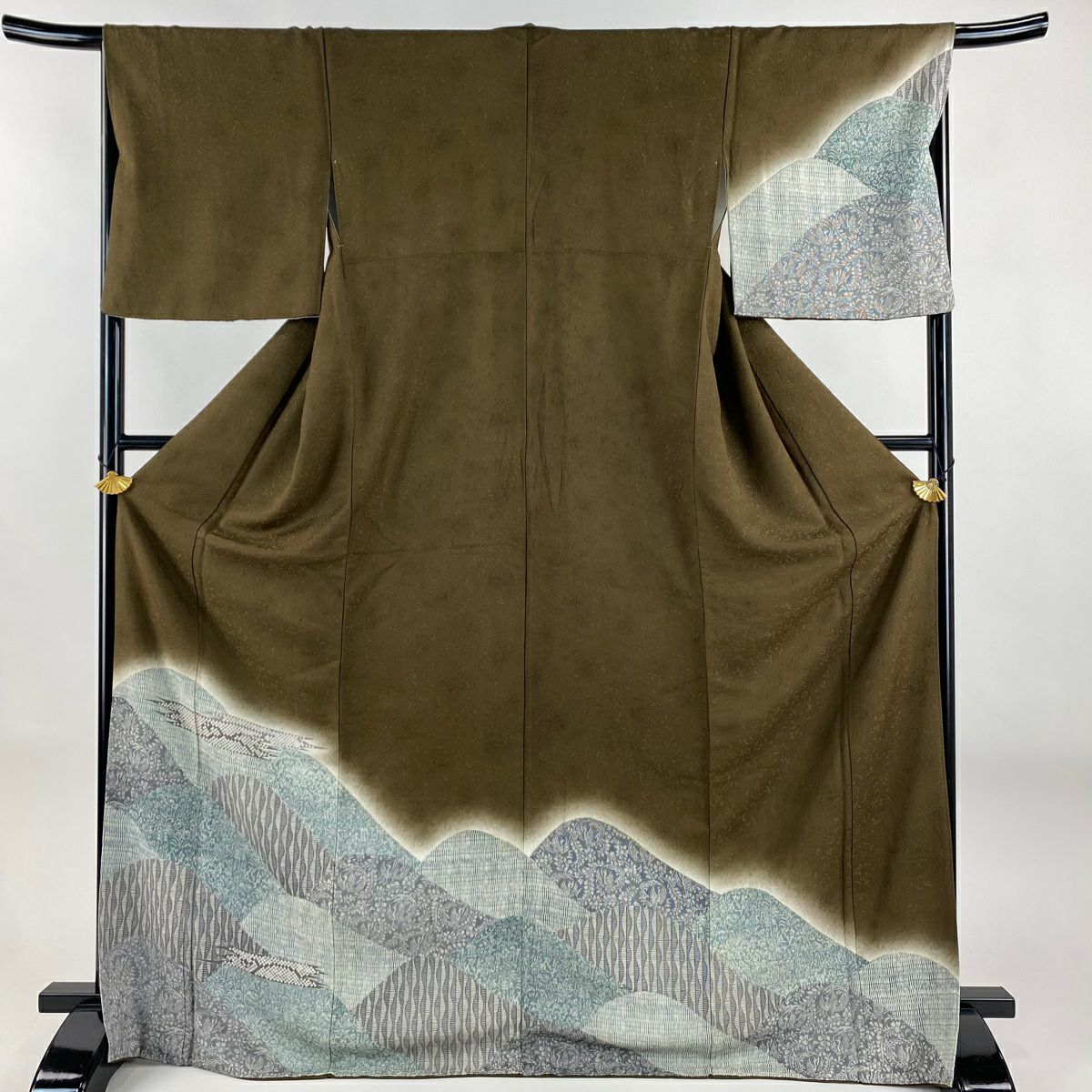 付下 身長169.5cm 袖長67.5cm L 雙層 山並霞 漸層 茶綠 純蠶絲 名品級
