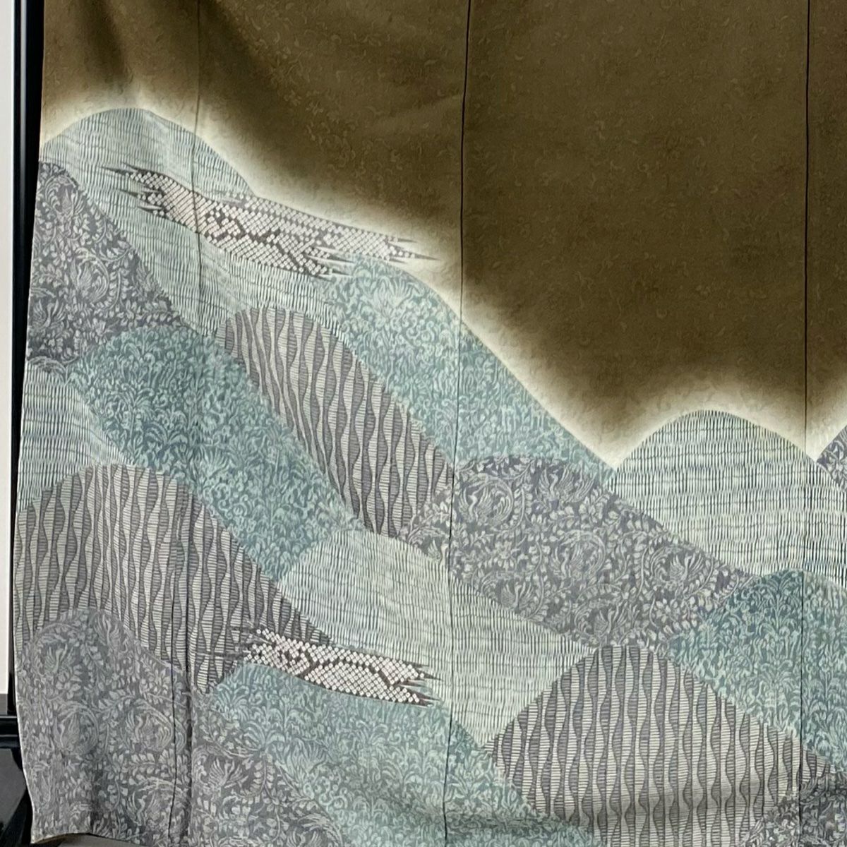 付下 身長169.5cm 袖長67.5cm L 雙層 山並霞 漸層 茶綠 純蠶絲 名品級