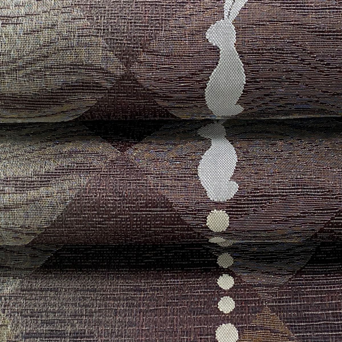 【美品】 袋帶 逸品級 兔子 市松樹 金銀絲 拉麵絲 灰紫 六通 純蠶絲