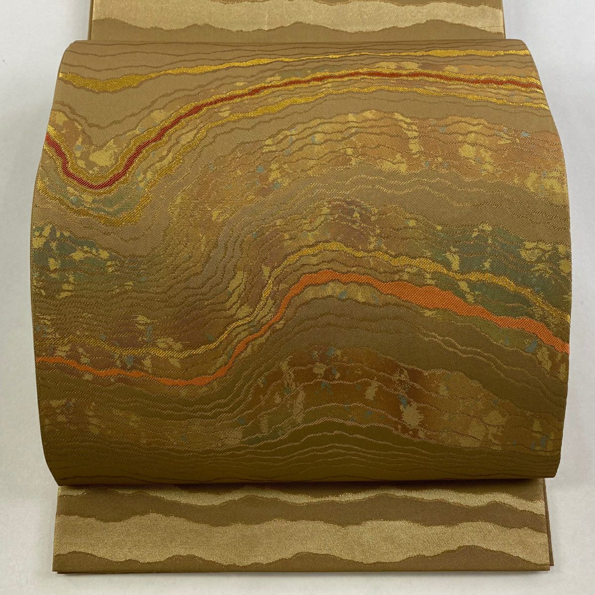 【美品】 袋帶 逸品級 北出與三郎 落款あり 本袋 暖流文 幾何學 金金箔 山吹茶 六通 純蠶絲