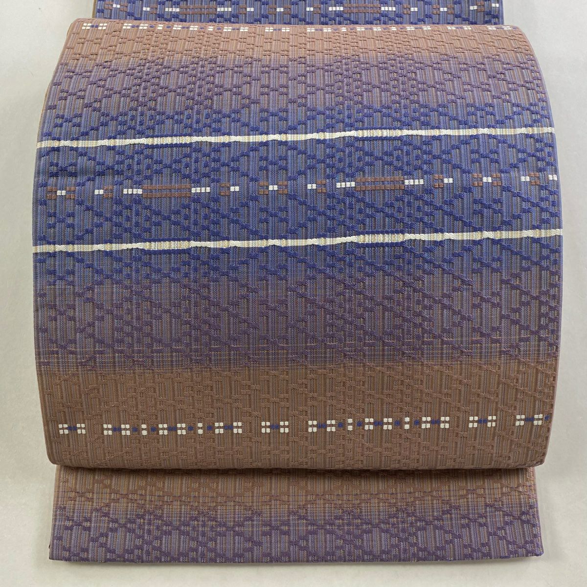 【美品】 袋帶 逸品級 縞紋 幾何圖案 紫 全通 純蠶絲
