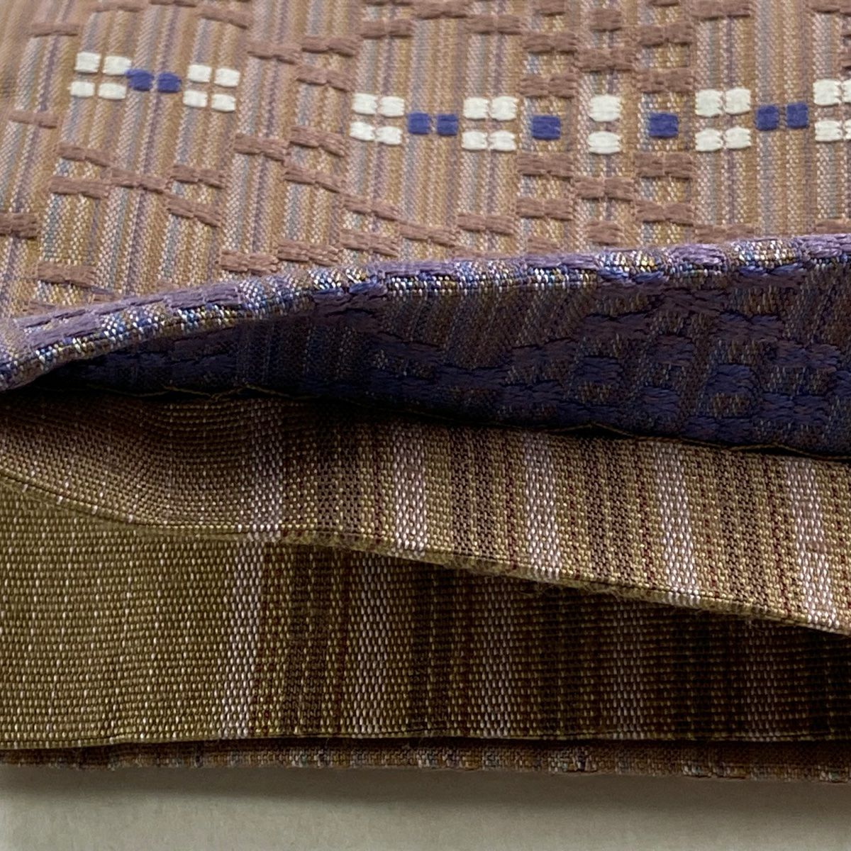 【美品】 袋帶 逸品級 縞紋 幾何圖案 紫 全通 純蠶絲