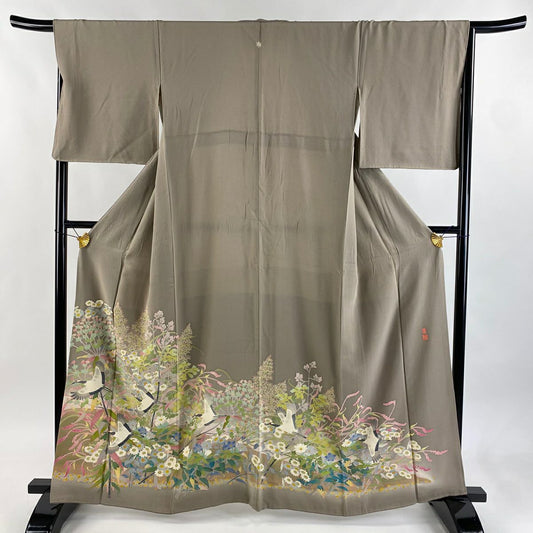 留袖禮服禮服 身長163cm 袖長67cm M 雙層 百貫華峰 落款あり 仙鶴 草花紋紋 漸層 灰茶 純蠶絲 逸品級 一つ紋