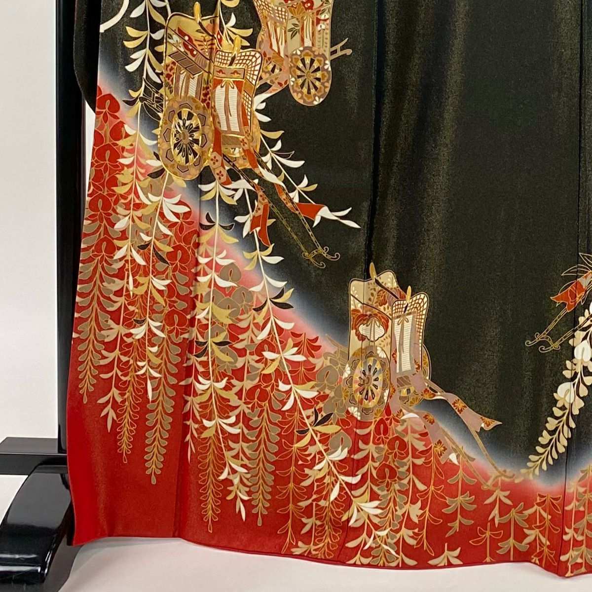 振袖禮服 身長169cm 袖長67cm M 雙層 御所車 藤 金通し 金糸 黑 純蠶絲 逸品級