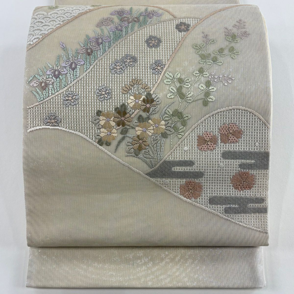 袋帶 秀品級 夏帶 紗 草花紋紋 山並 刺繡 金線 奶油色 大鼓圖案 純蠶絲