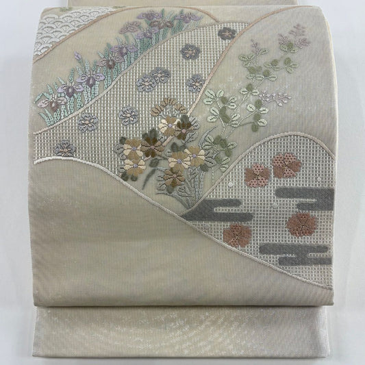 袋帶 秀品級 夏帶 紗 草花紋紋 山並 刺繡 金線 奶油色 大鼓圖案 純蠶絲