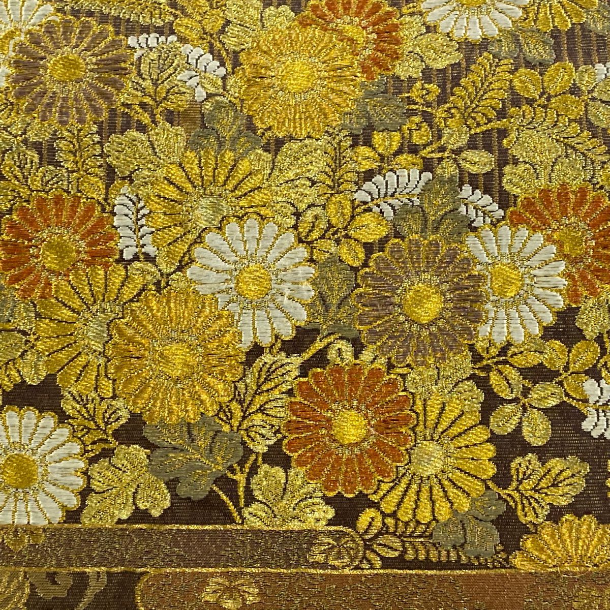【美品】 袋帶 秀品級 菊花花唐草紋 金絲 金金箔 茶 六通 純蠶絲