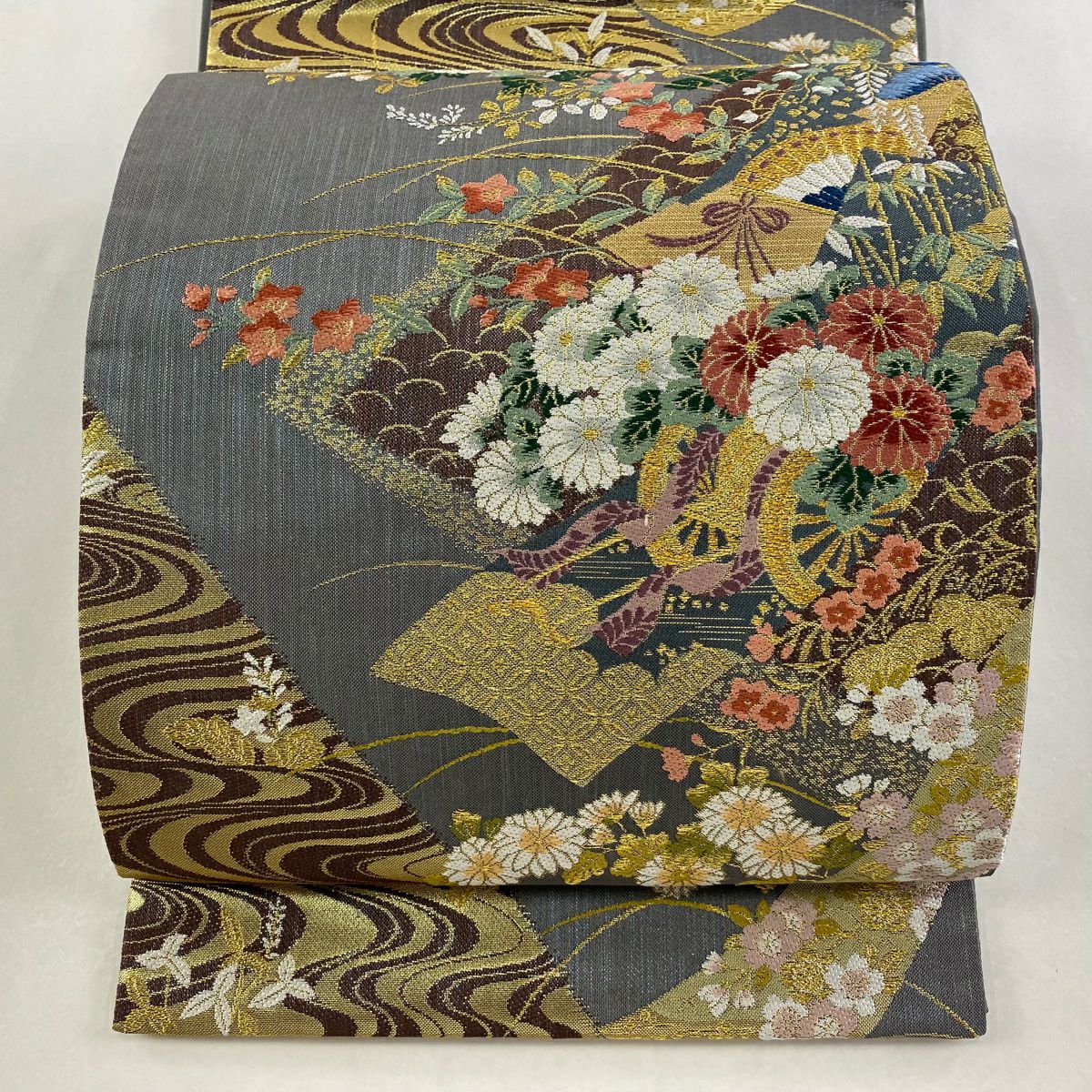 【美品】 袋帶 秀品級 花車 流水 金絲 金金箔 灰色 六通 純蠶絲