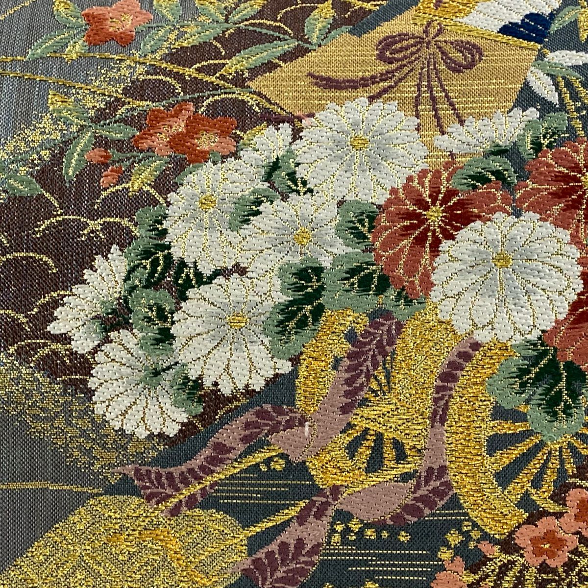 【美品】 袋帶 秀品級 花車 流水 金絲 金金箔 灰色 六通 純蠶絲