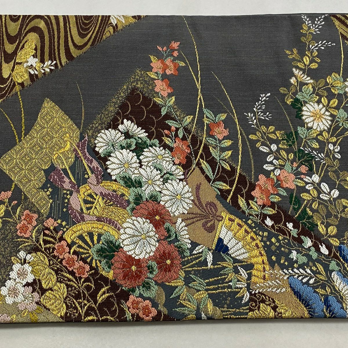 【美品】 袋帶 秀品級 花車 流水 金絲 金金箔 灰色 六通 純蠶絲
