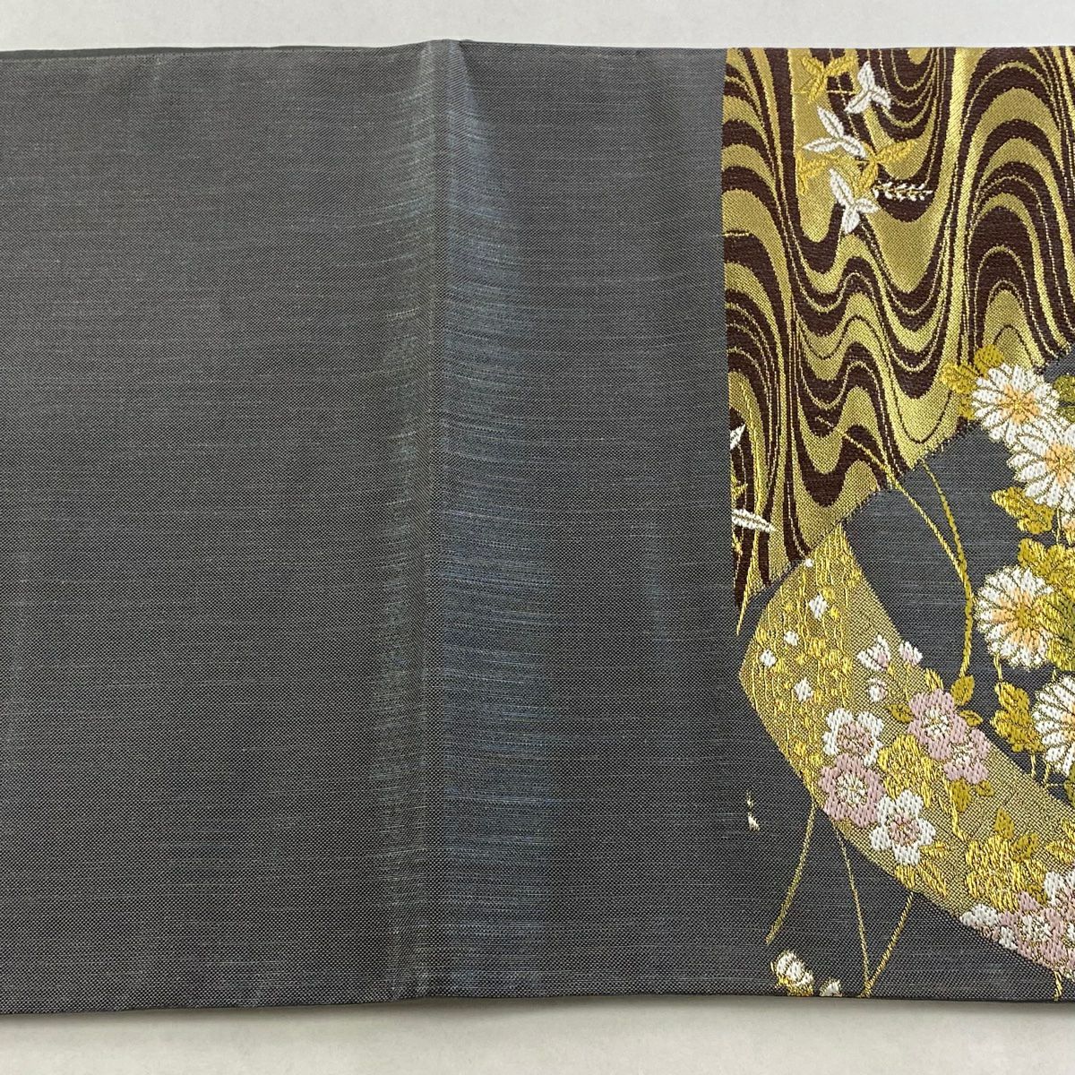 【美品】 袋帶 秀品級 花車 流水 金絲 金金箔 灰色 六通 純蠶絲