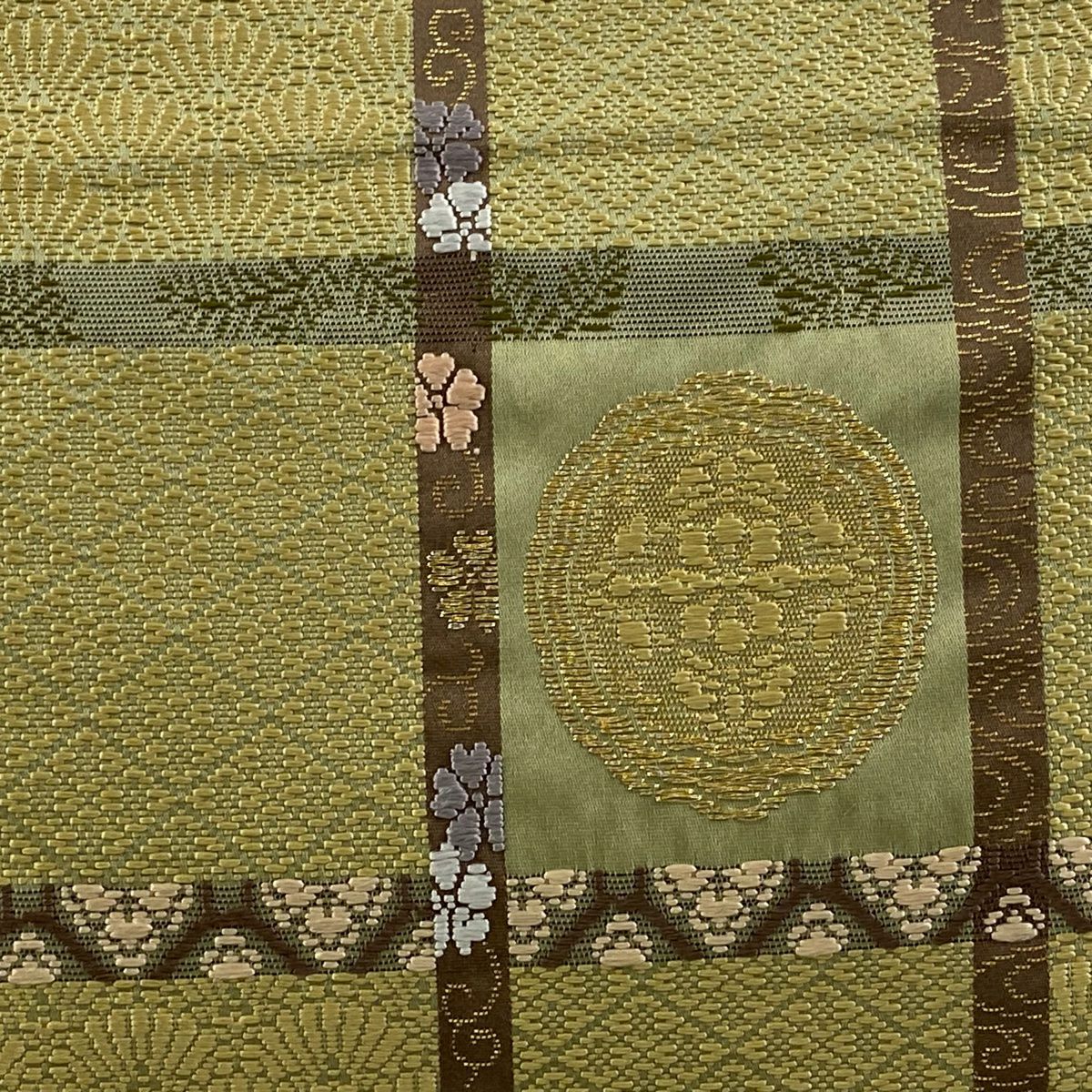袋帶 秀品級 麗粋唐織 華紋 格子 金糸 金金箔 抹茶 深藍 六通 純蠶絲