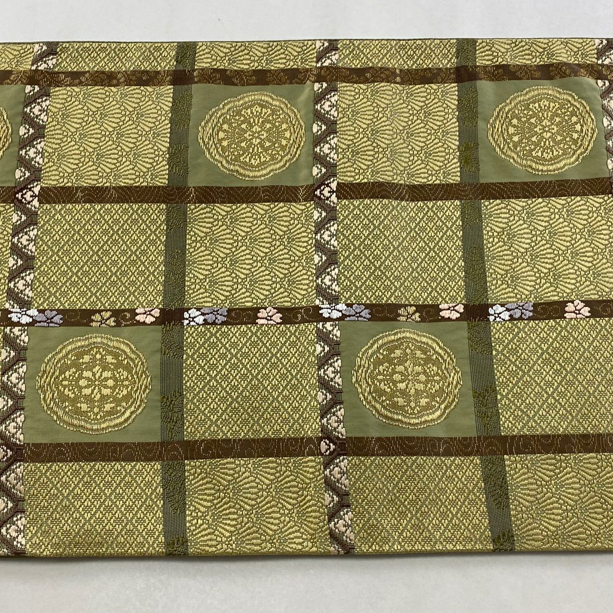 袋帶 秀品級 麗粋唐織 華紋 格子 金糸 金金箔 抹茶 深藍 六通 純蠶絲