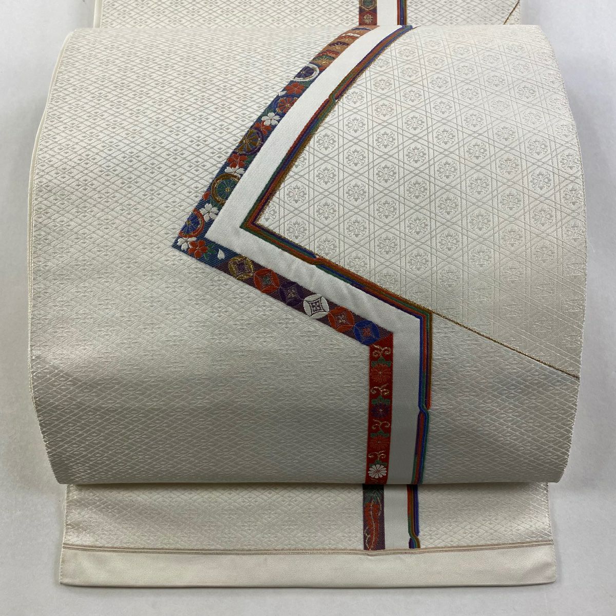 袋帶 秀品級 七寶 草唐草紋 金絲 刺繡 奶油色 大鼓圖案 純蠶絲
