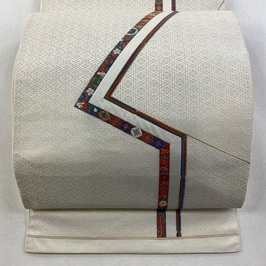 袋帶 秀品級 七寶 草唐草紋 金絲 刺繡 奶油色 大鼓圖案 純蠶絲