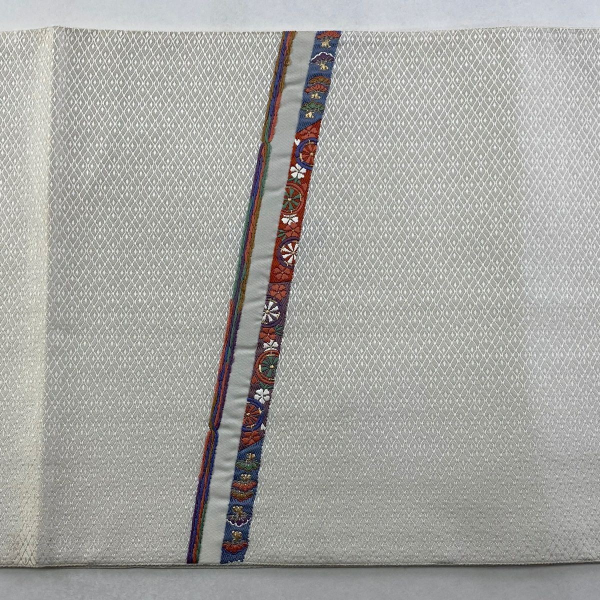 袋帶 秀品級 七寶 草唐草紋 金絲 刺繡 奶油色 大鼓圖案 純蠶絲
