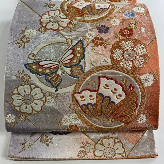 袋帶 秀品級 關西仕立 雛蝶 櫻花 刺繡 金線 鮭粉色 六通 純蠶絲