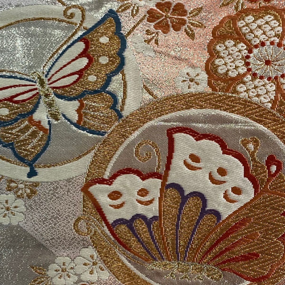 袋帶 秀品級 關西仕立 雛蝶 櫻花 刺繡 金線 鮭粉色 六通 純蠶絲