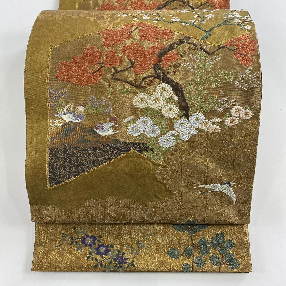 【美品】 袋帶 名品級 じゅらく 落款あり 樹木 鴛鴦 金絲 金金箔 金茶 六通 純蠶絲