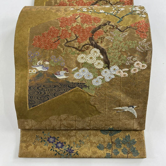 【美品】 袋帶 名品級 じゅらく 落款あり 樹木 鴛鴦 金絲 金金箔 金茶 六通 純蠶絲
