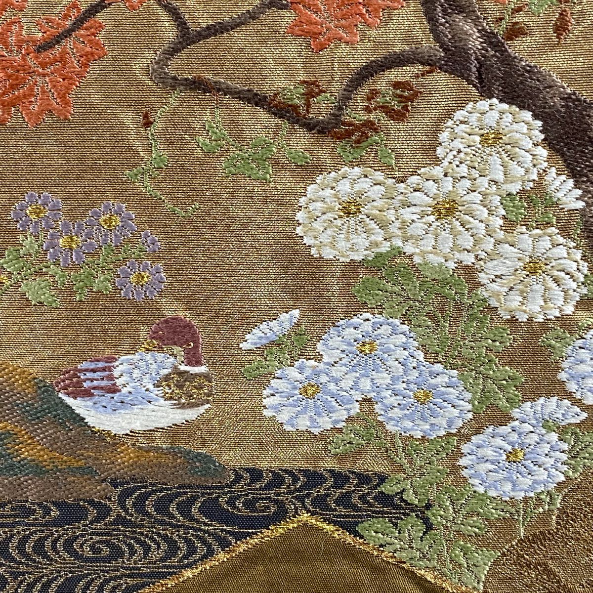 【美品】 袋帶 名品級 じゅらく 落款あり 樹木 鴛鴦 金絲 金金箔 金茶 六通 純蠶絲