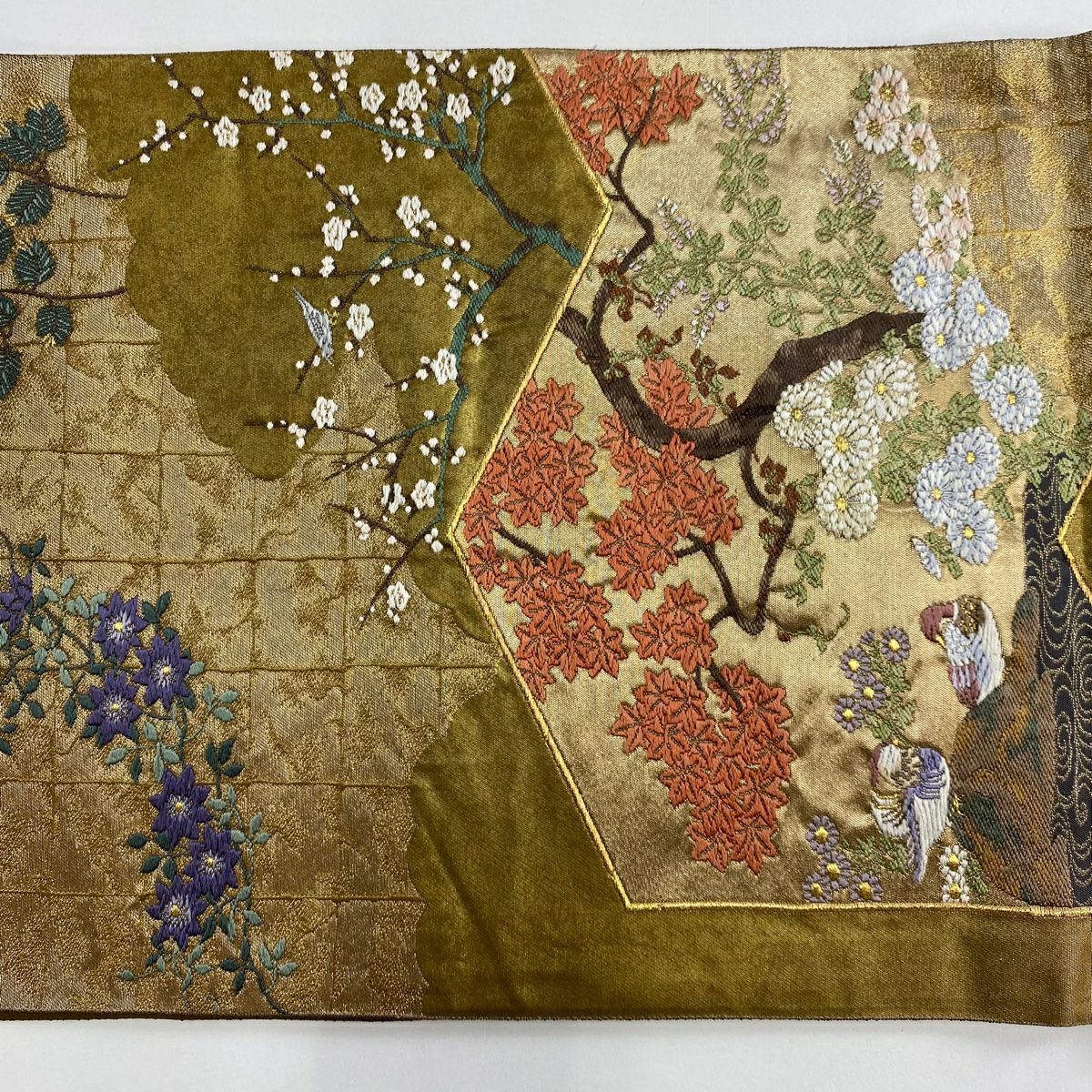 【美品】 袋帶 名品級 じゅらく 落款あり 樹木 鴛鴦 金絲 金金箔 金茶 六通 純蠶絲