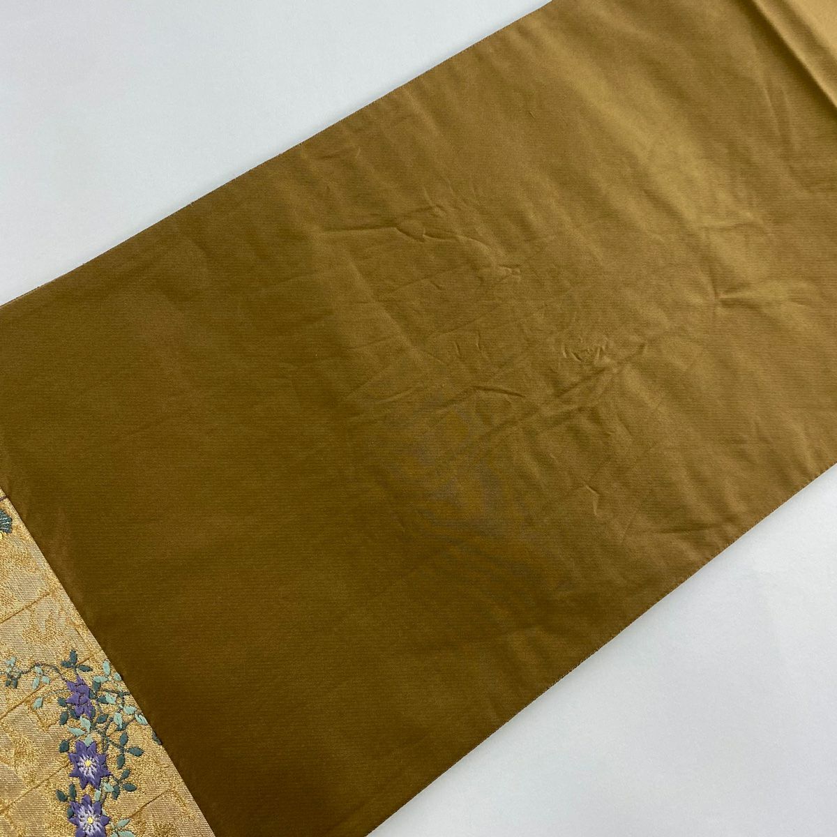 【美品】 袋帶 名品級 じゅらく 落款あり 樹木 鴛鴦 金絲 金金箔 金茶 六通 純蠶絲