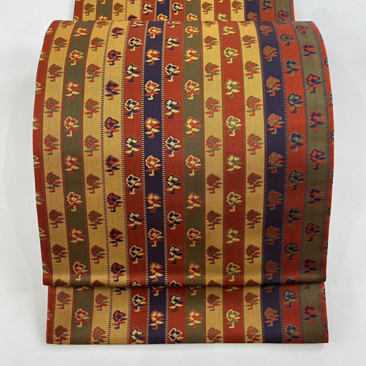 【美品】 袋帶 名品級 條紋 草花紋 紅茶 全通 純蠶絲