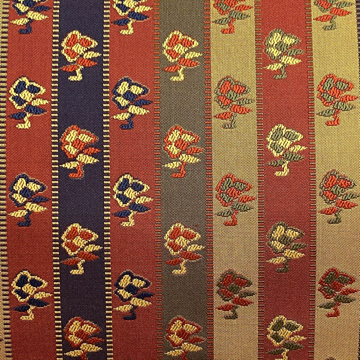 【美品】 袋帶 名品級 條紋 草花紋 紅茶 全通 純蠶絲