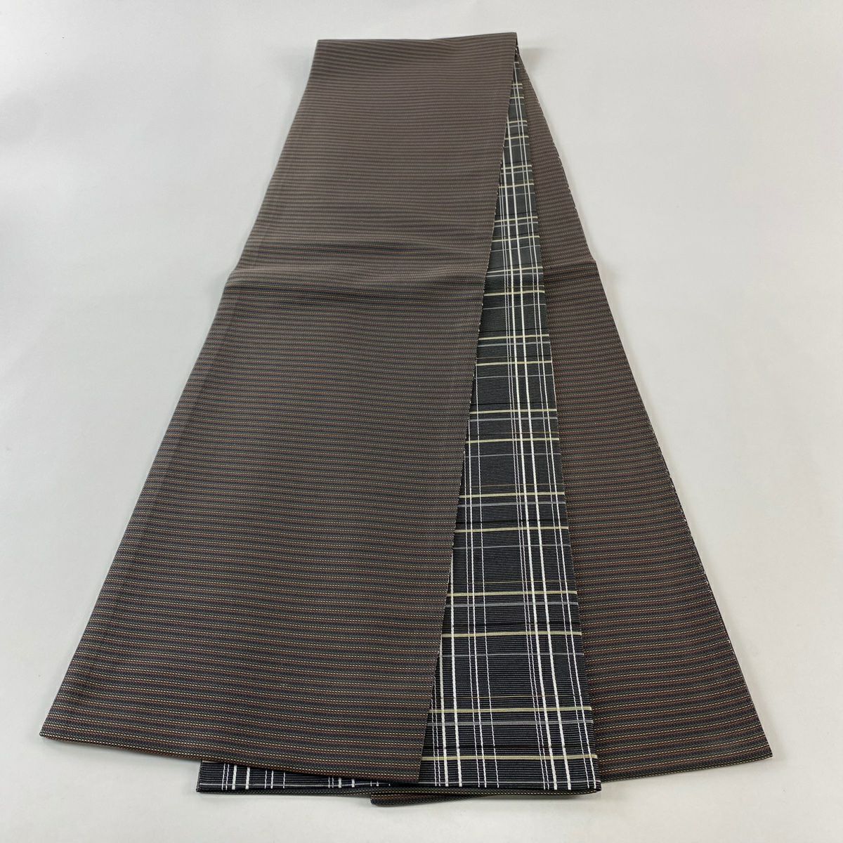 【美品】 袋帶 名品級 條紋 茶紫 全通 純蠶絲