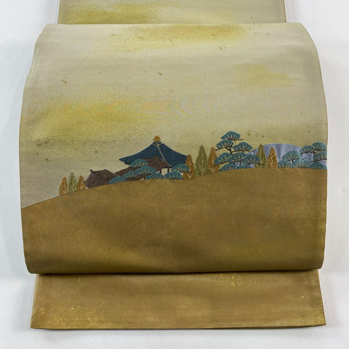 【庫存清倉】 袋帶 名品級 附落款 延曆寺 笠松樹 金金箔 金銀彩 淺茶 細腰帶圖案 純蠶絲