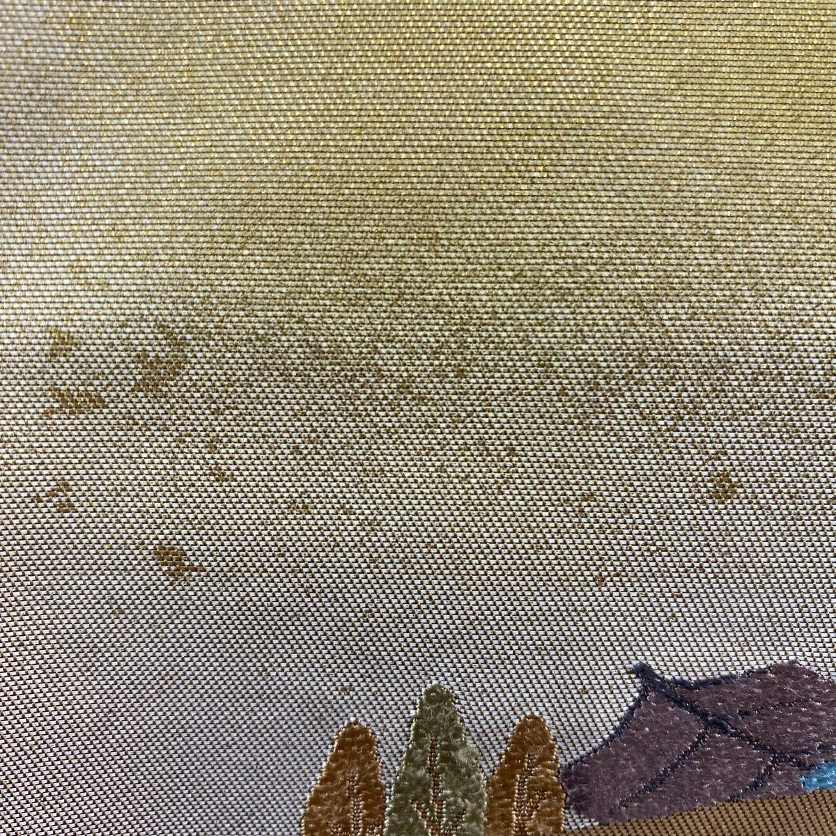 【庫存清倉】 袋帶 名品級 附落款 延曆寺 笠松樹 金金箔 金銀彩 淺茶 細腰帶圖案 純蠶絲