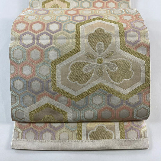 【庫存清倉】 袋帶 名品級 關西仕立 毘沙門龜甲 龜甲 金絲 金金箔 米色 六通 純蠶絲
