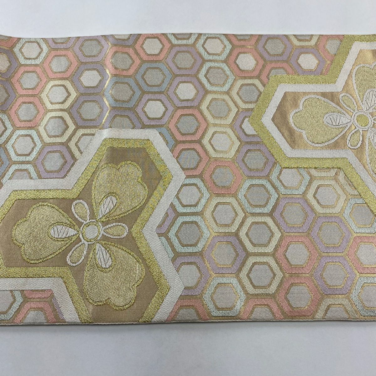 【庫存清倉】 袋帶 名品級 關西仕立 毘沙門龜甲 龜甲 金絲 金金箔 米色 六通 純蠶絲