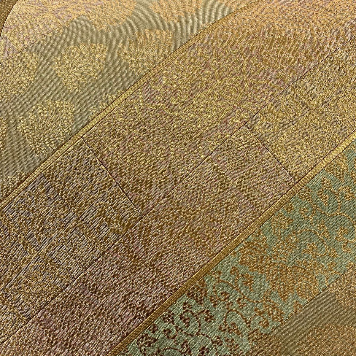 【庫存清倉】 袋帶 名品級 じゅらく 有落款 草花紋 雪芝 切嵌 金金箔 深綠 大鼓圖案 純蠶絲