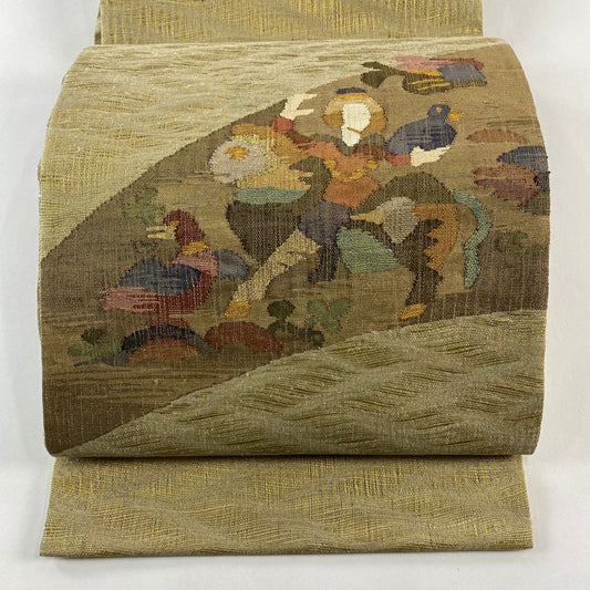【美品】 袋帶 名品級 人物 鳥 金絲 淺茶 細鼓圖案 純蠶絲