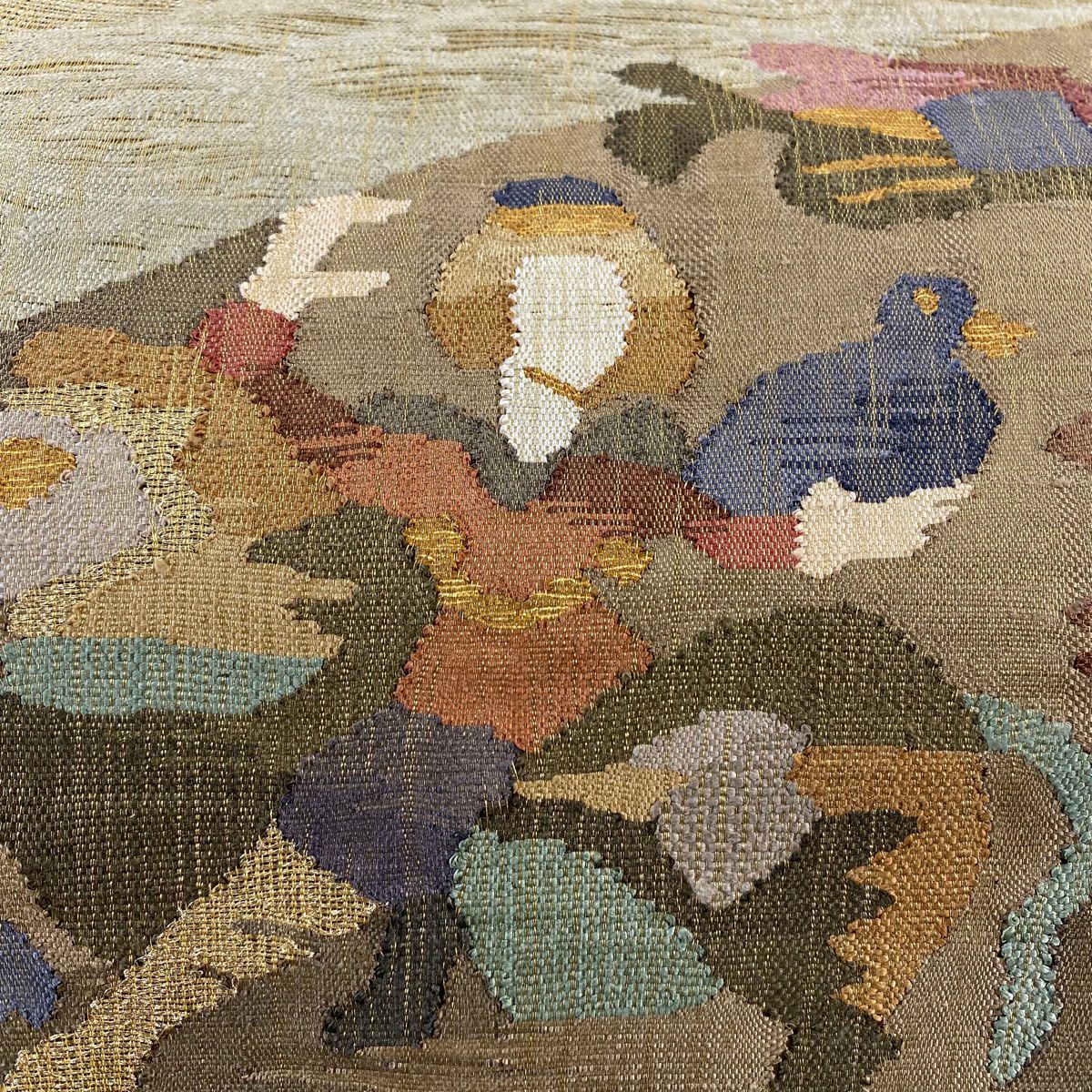 【美品】 袋帶 名品級 人物 鳥 金絲 淺茶 細鼓圖案 純蠶絲