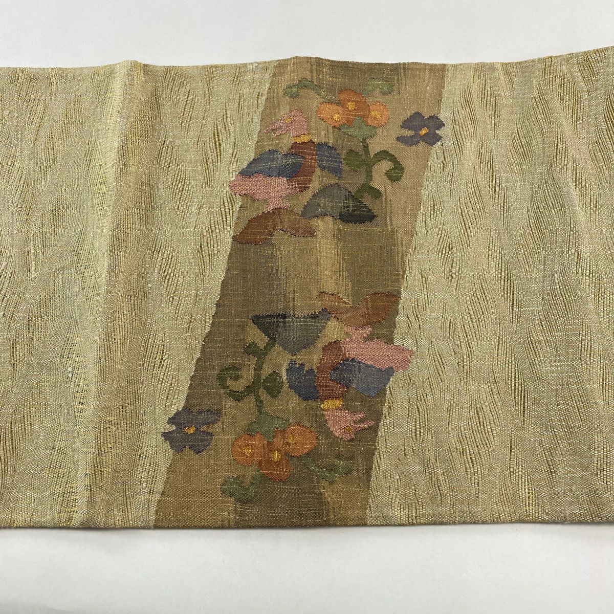 【美品】 袋帶 名品級 人物 鳥 金絲 淺茶 細鼓圖案 純蠶絲