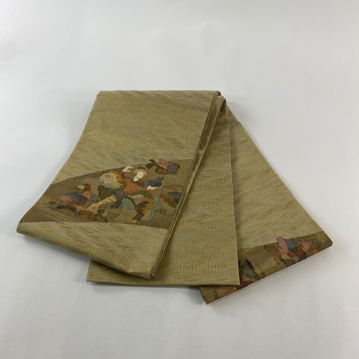 【美品】 袋帶 名品級 人物 鳥 金絲 淺茶 細鼓圖案 純蠶絲