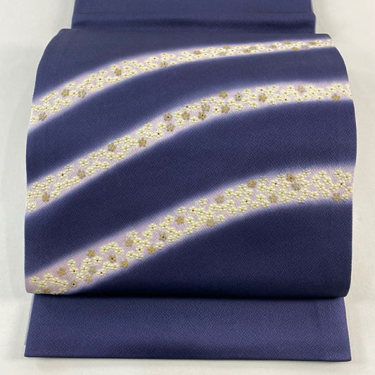 【庫存清倉】 袋帶 名品級 小花 刺繡 金銀線 青紫 お太鼓圖案 純蠶絲
